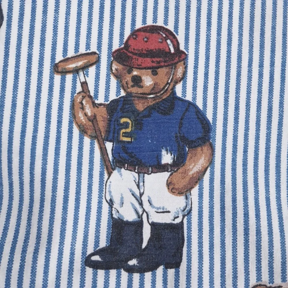 Ralph Lauren Polo Bear Pillowcase Flat Sheet 2 Piece Set Twin Blue Striped Rugby